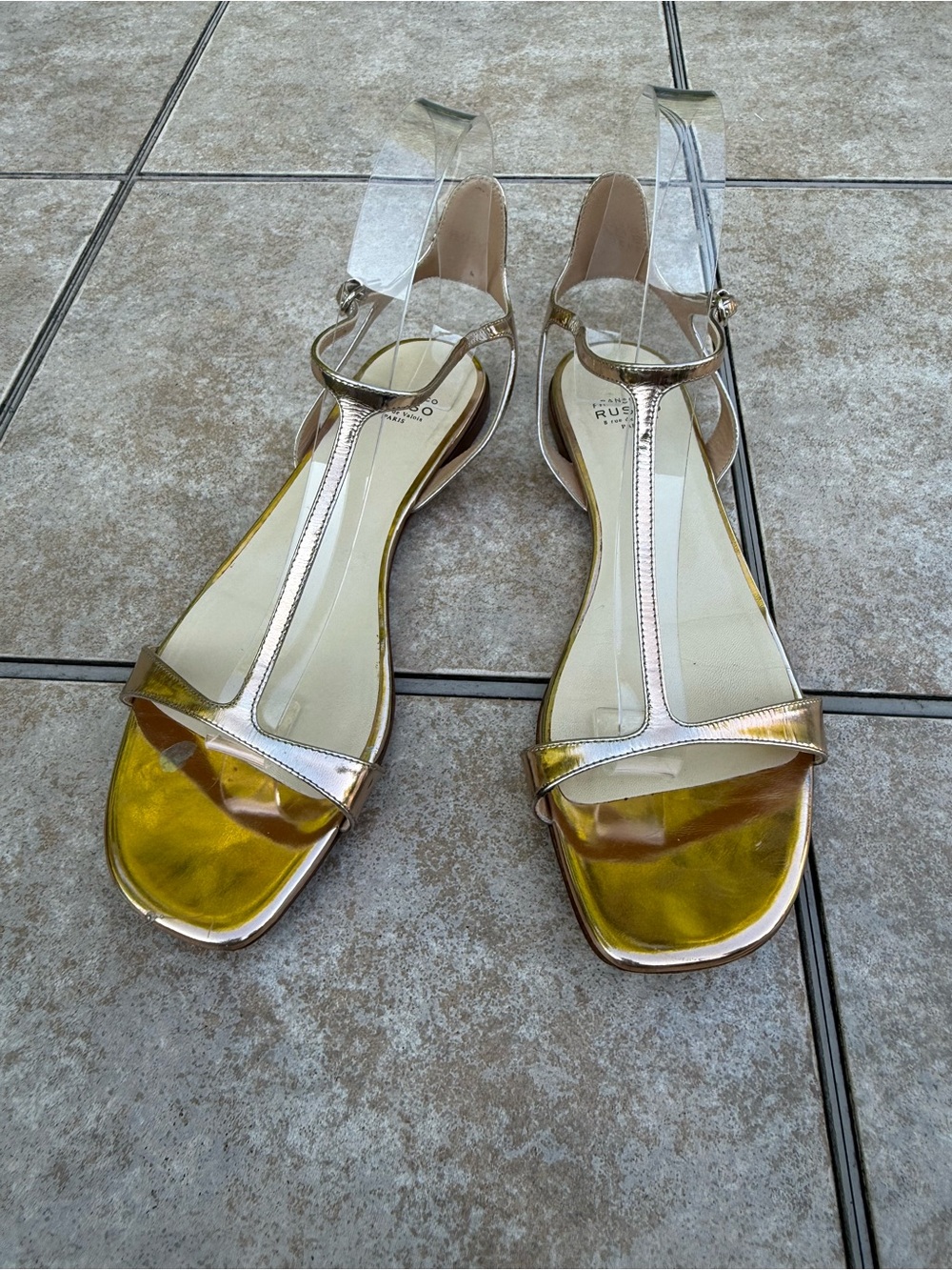 Francesco Russo gold metallic leather t-strap flat sandals.